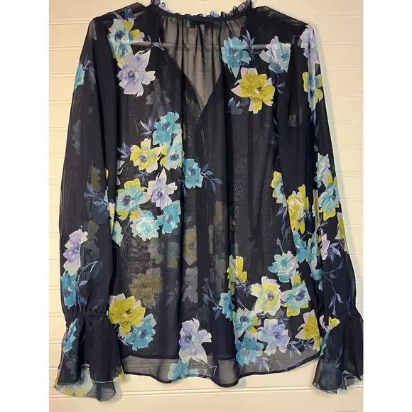 Susan Graver Women's Blue Floral Sheer Button Up Blouse 2 Bloom Core Feminine - Picture 5 of 9